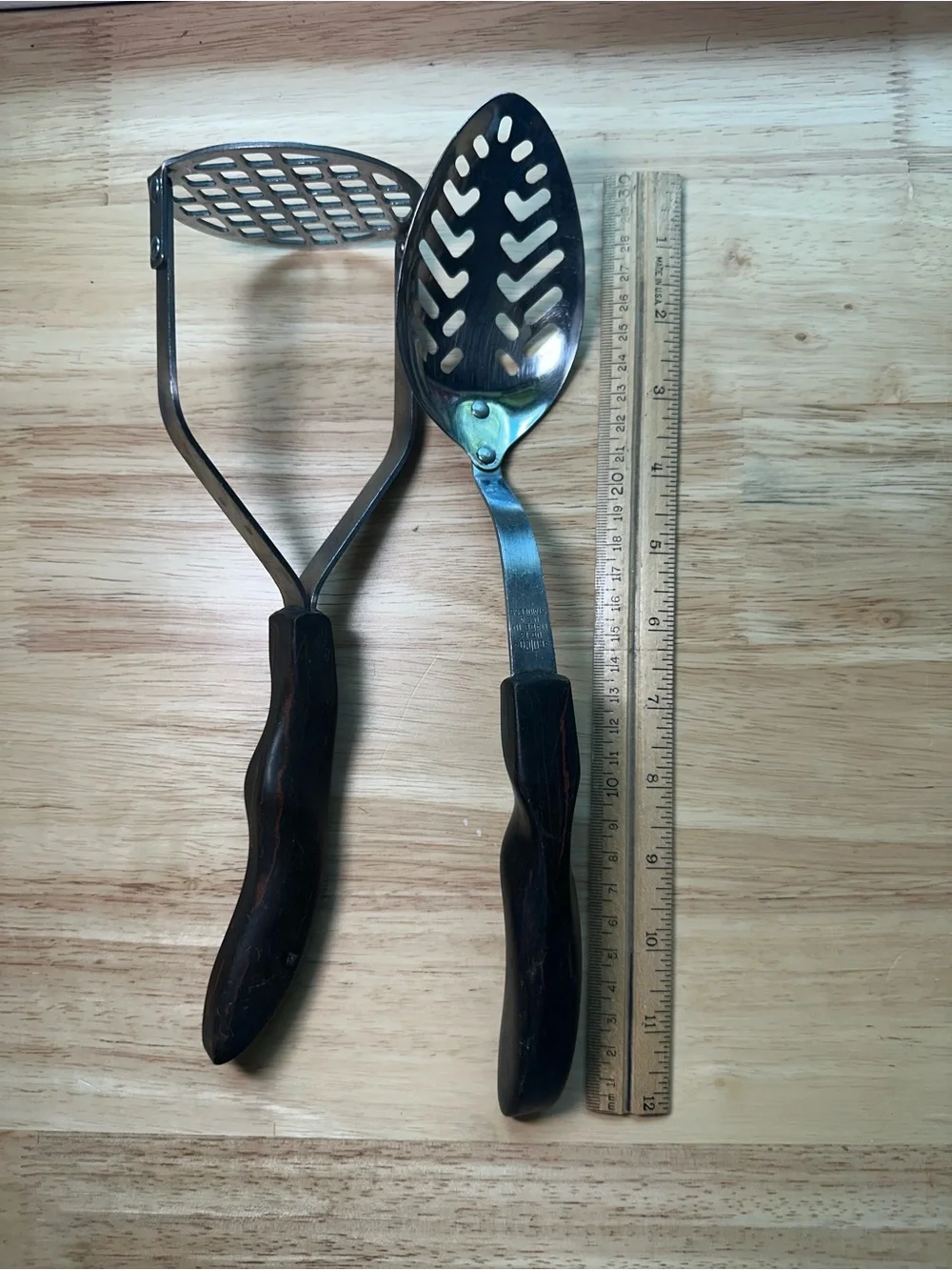 Cutco Brown Wooden-Handle Masher no 14 & Slotted Spoon no 13 vintage Set